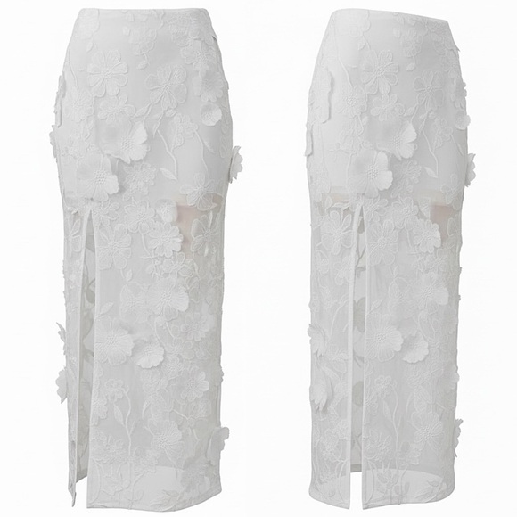 Endless Rose White 3D Embroidered Floral Lace Semi Sheer Pencil Midi Skirt NEW - Picture 8 of 14